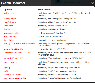 a list of twitter search operators