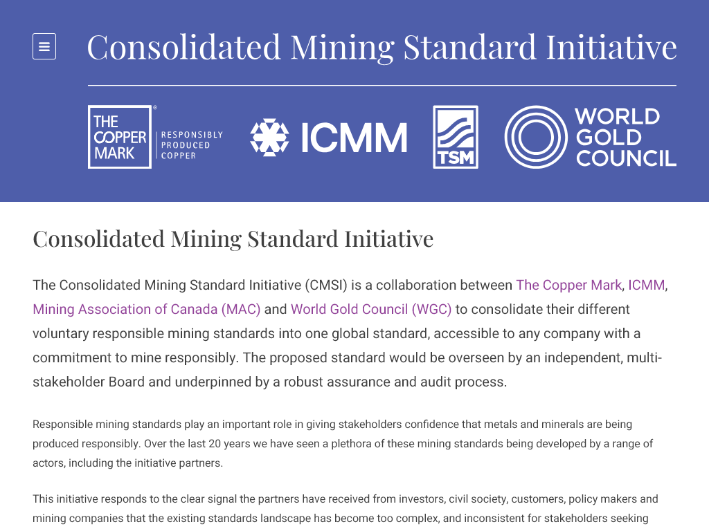 Screenshot of the Consolidated Mining Standard Initiative website