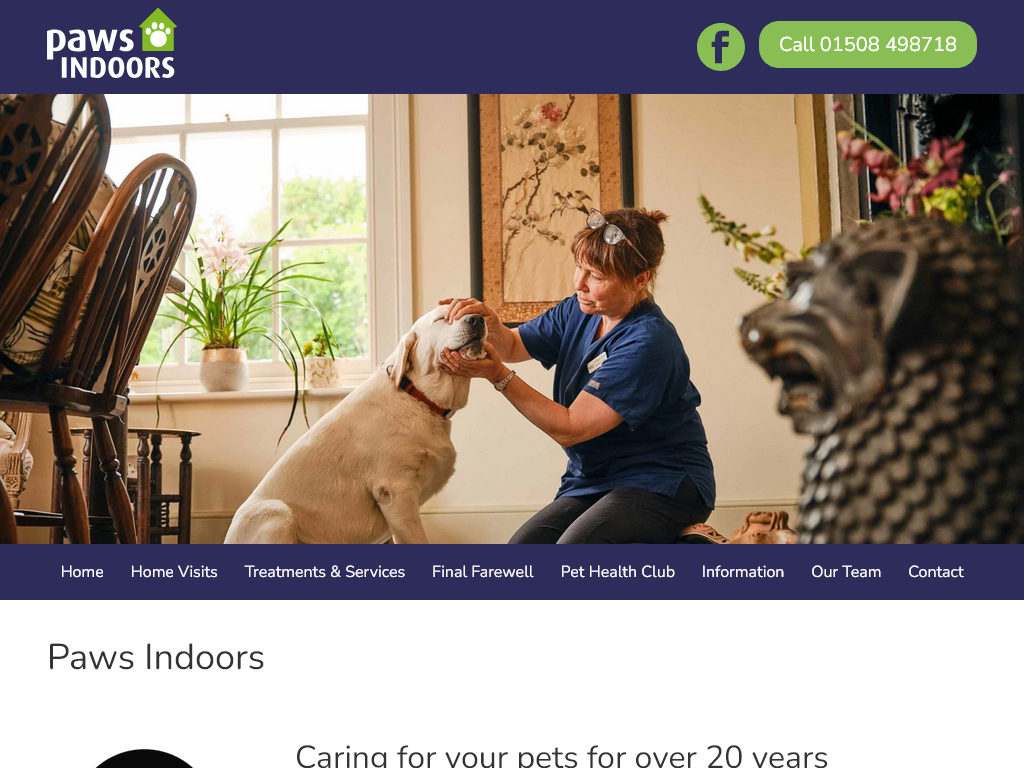 Screenshot of the Paws Indoors website